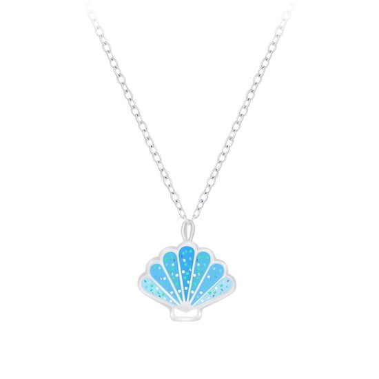 Joy|S - Zilveren schelp hanger met ketting 36 cm + 5 cm blauw