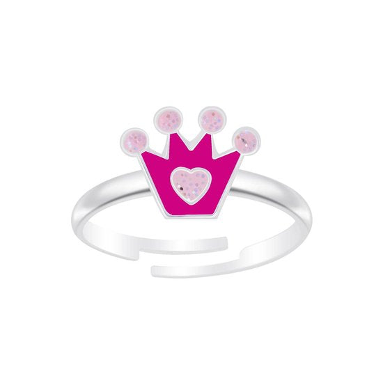 Joy|S - Zilveren kroontje ring - roze met glitter - verstelbaar