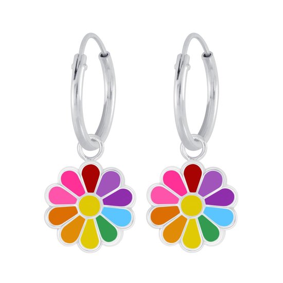 Joy|S - Zilveren bloem bedel oorbellen multicolor oorringen