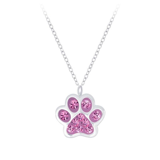 Joy|S - Zilveren kat hond dierenpoot hanger met ketting 36 cm + 5 cm roze