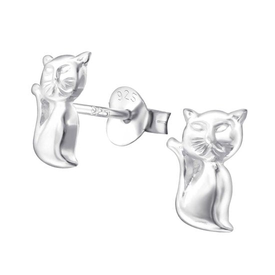 Joy|S - Zilveren kat poes oorbellen - 6 x 9 mm