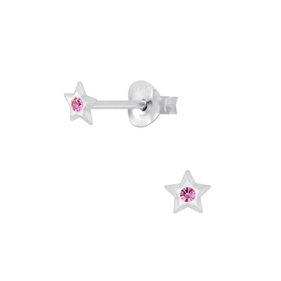 Joy|S - Zilveren mini ster oorbellen - 4 mm - roze kristal - voor kinderen