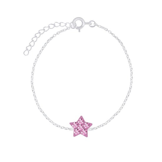 Joy|S - Zilveren ster armband roze kristal - 14 cm + 3 cm extension