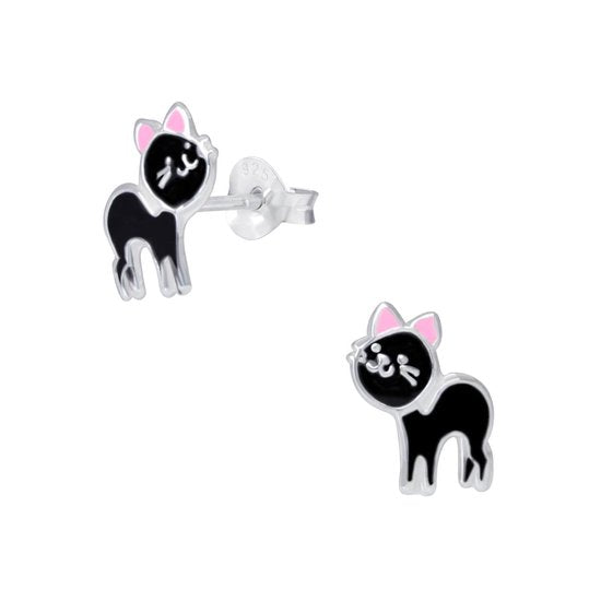 Joy|S - Zilveren kat poes oorbellen - 7 x 9 mm - zwart met roze oortjes