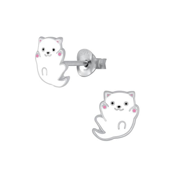 Joy|S - Zilveren kat poes oorbellen 8 mm wit
