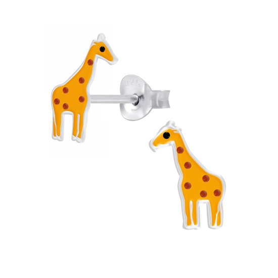 Joy|S - Zilveren giraf oorbellen - 7 x 9 mm - giraffe oranje met stipjes