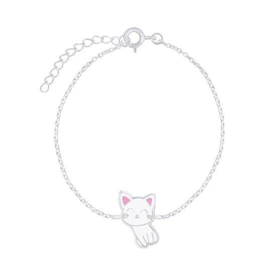 Joy|S - Zilveren kat poes armband - 14 cm + 3 cm extension - wit met roze oortjes