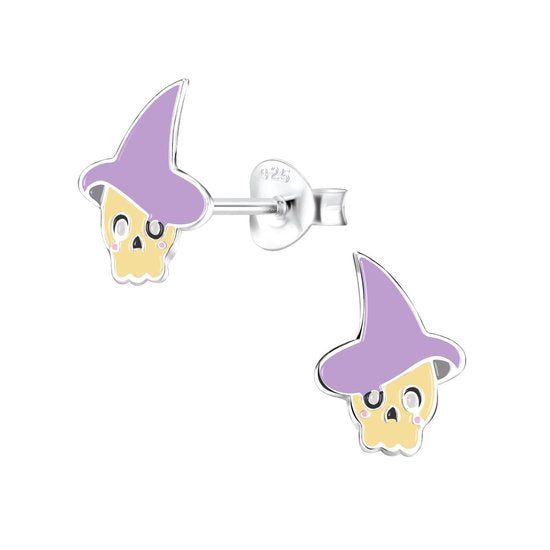 Joy|S - Zilveren heks skull oorbellen met paarse hoed - halloween