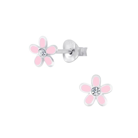 Joy|S - Zilveren roze bloem oorbellen - 7 mm - kristal