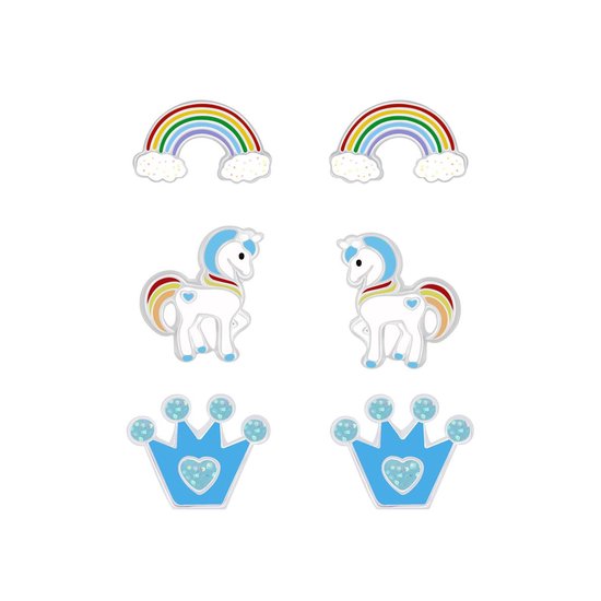 Joy|S - Zilveren oorbellen set 3 paar | Kroontje | Pony/ eenhoorn | Regenboog