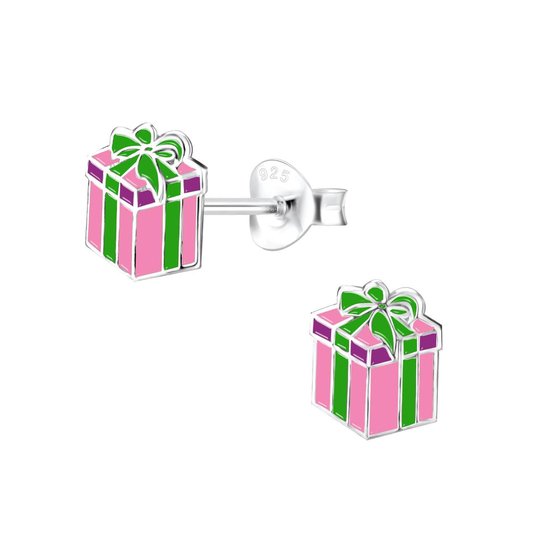 Joy|S - Zilveren kerst cadeau oorbellen - kado roze met groene strik