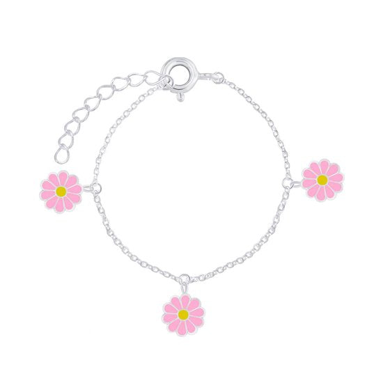 Joy|S - Zilveren Madeliefje bloem bedel armband - roze - 3 bloemetjes bedels
