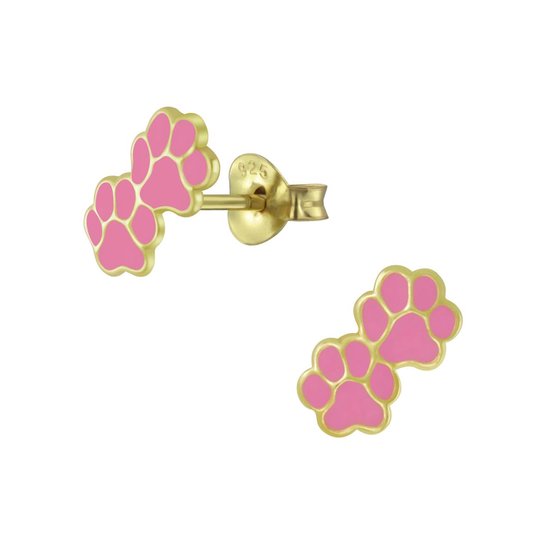Joy|S - Zilveren dierenpoot oorbellen 9 x 5 mm kat hond poot roze - goudplating