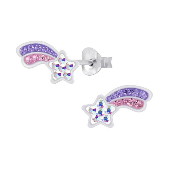 Joy|S - Zilveren vallende ster oorbellen - roze paars - 13 x 6 mm