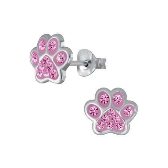 Joy|S - Zilveren kat hond dieren poot oorbellen 8 mm kristal roze