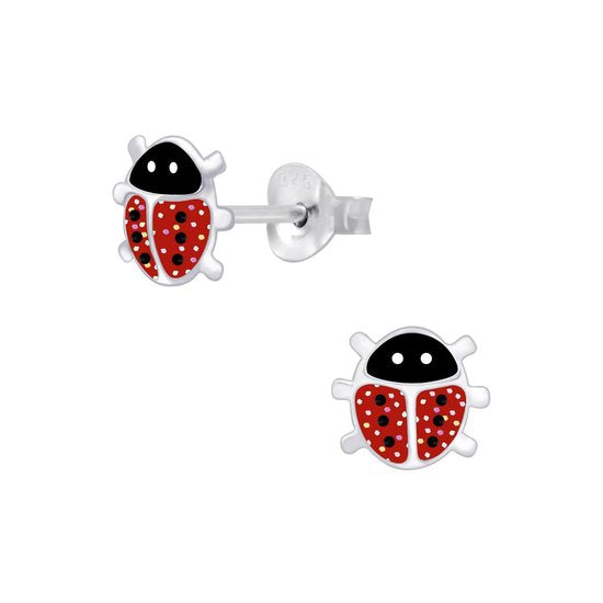 Joy|S - Zilveren lieveheersbeestje oorbellen - 7 x 6 mm - rood met glitter