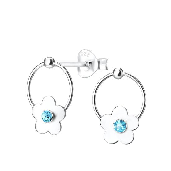 Joy|S - Zilveren Daisy bloem oorbellen in cirkel met kristal blauw