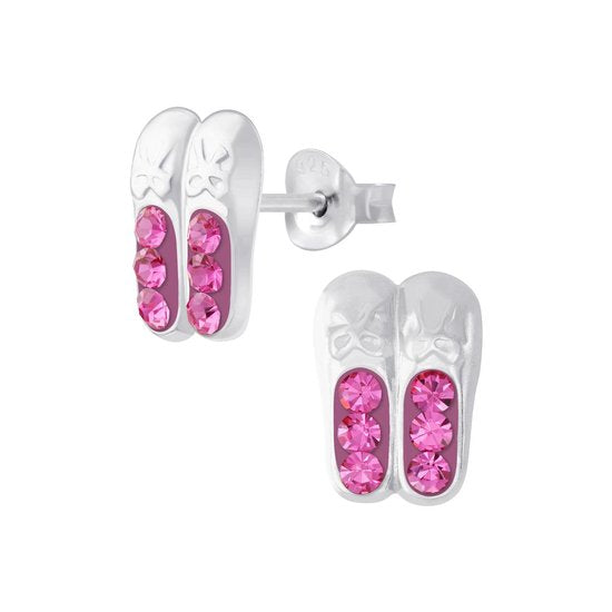 Joy|S - Zilveren ballet schoentjes oorbellen magenta roze kristal ballerina