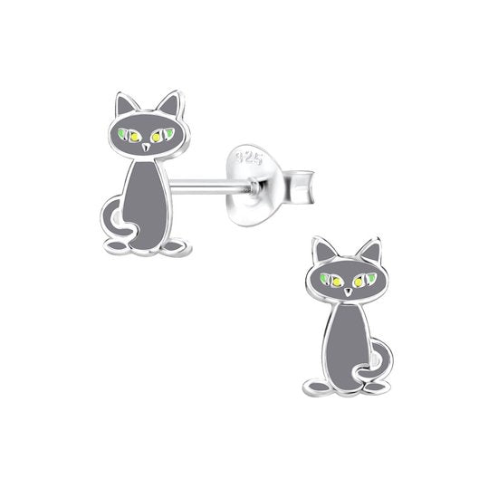 Joy|S - Zilveren kat oorbellen - 6 x 10 mm - grijs