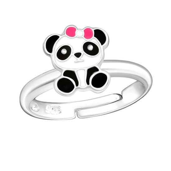 Joy|S - Zilveren Panda ring - verstelbaar - met roze strik