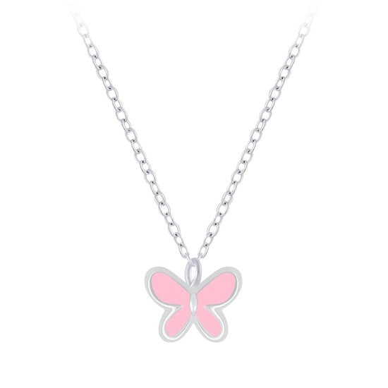 Joy|S - Zilveren petit vlinder hanger met ketting 36 cm + 5 cm extension - roze vlindertje