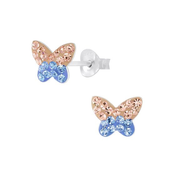 Joy|S - Zilveren vlinder oorbellen 9 x 7 mm - bruin blauw kristal
