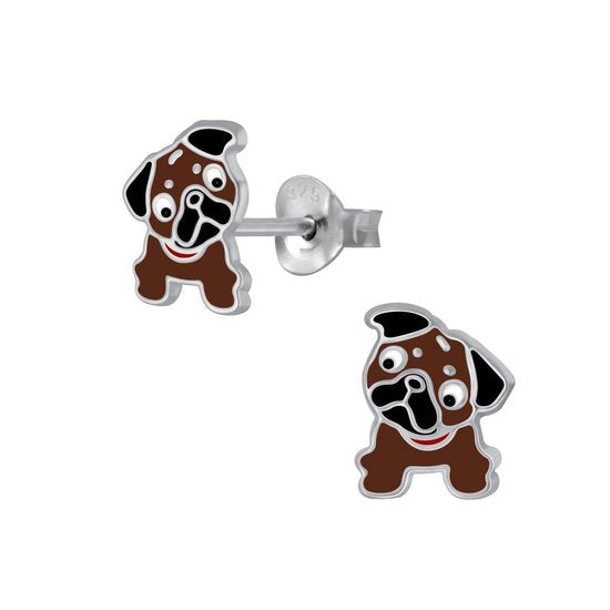 Joy|S - Zilveren hond oorbellen - 7 x 8 mm - bruin