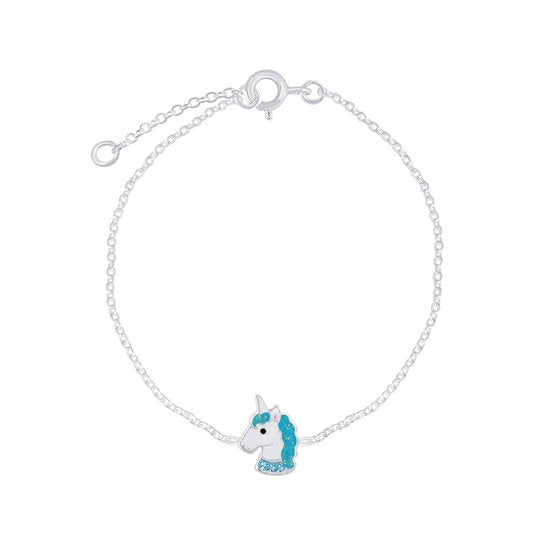 Joy|S - Zilveren eenhoorn armband unicorn 14 cm +2 cm extension - blauw/ turquoise