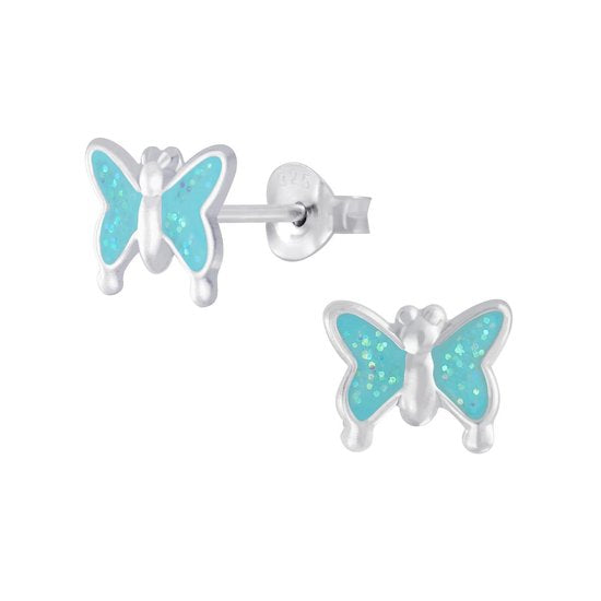 Joy|S - Zilveren vlinder oorbellen - blauw met glitter