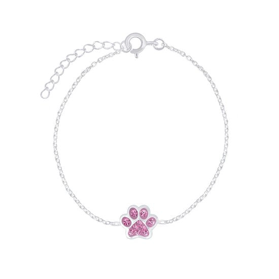 Joy|S - Zilveren kat hond dierenpoot armband 14 cm + 3 roze
