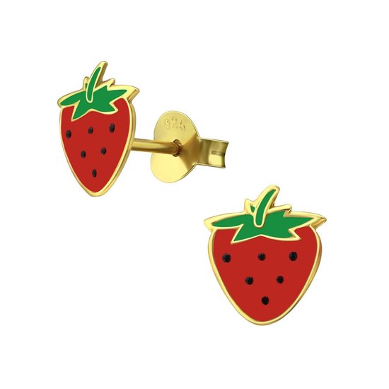 Joy|S - Zilveren rode aardbei oorbellen - gold plated