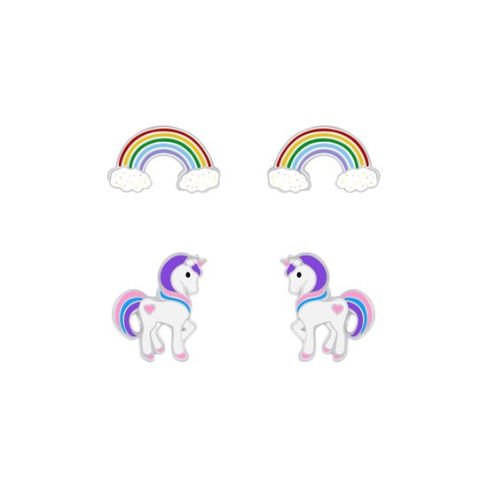 Joy|S - Zilveren oorbellen set 2 paar | pony / eenhoorn | regenboog