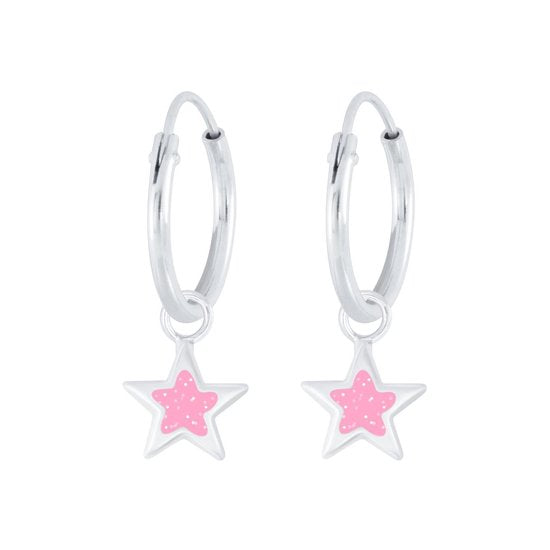 Joy|S - Zilveren ster bedel oorbellen - roze met glitter - oorringen