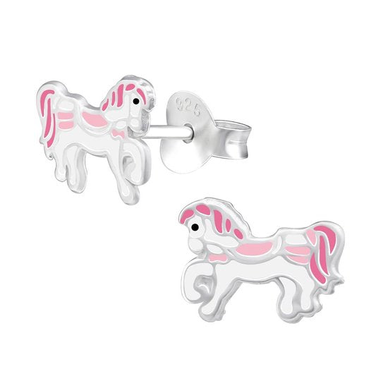 Joy|S - Zilveren pony oorbellen 9 x 7 mm roze paard