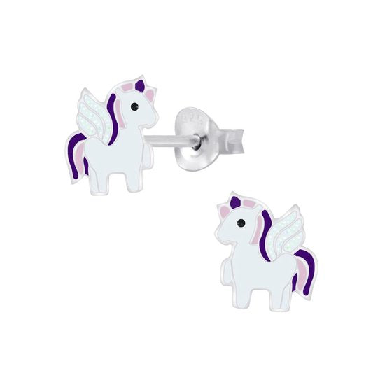 Joy|S - Zilveren unicorn paardje oorbellen wit paars eenhoorn met vleugeltjes