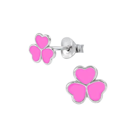 Joy|S - Zilveren klaver oorbellen - 7 mm - bestaande uit 3 roze hartjes