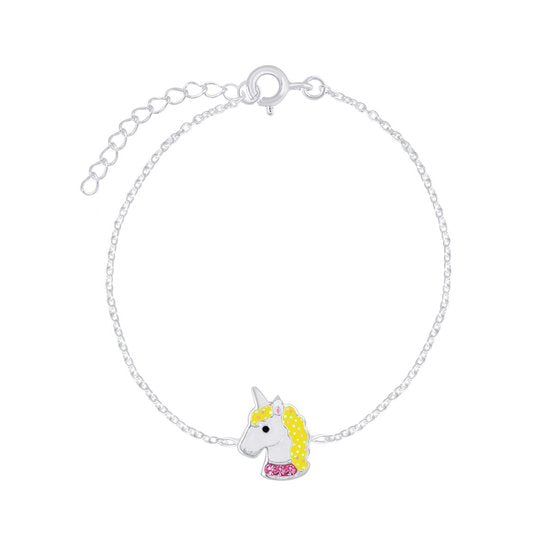 Joy|S - Zilveren eenhoorn armband 14 cm + 3 unicorn geel roze
