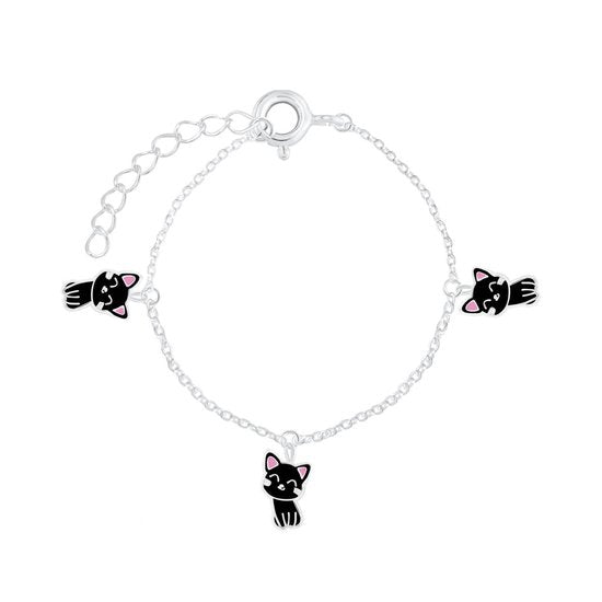 Joy|S - Zilveren kat poes bedel armband - 3 bedeltje - zwart