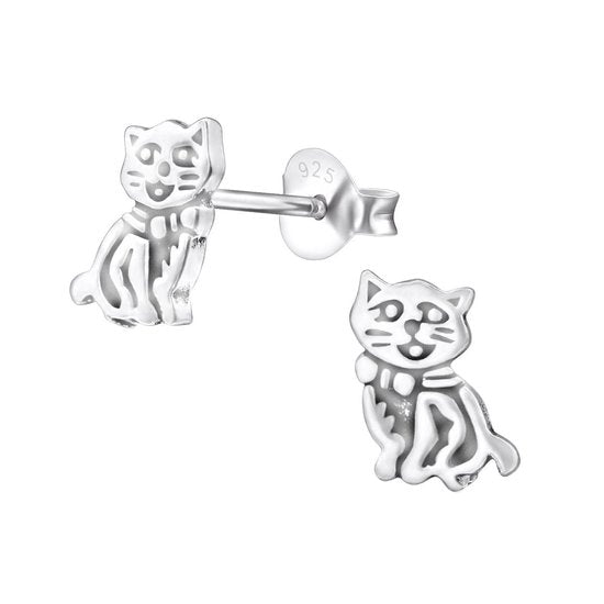 Joy|S - Zilveren kat poes oorbellen - 7 x 9 mm - geoxideerd
