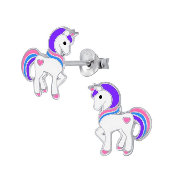 Joy|S - Zilveren pony oorbellen eenhoorn 10 x 13 mm unicorn