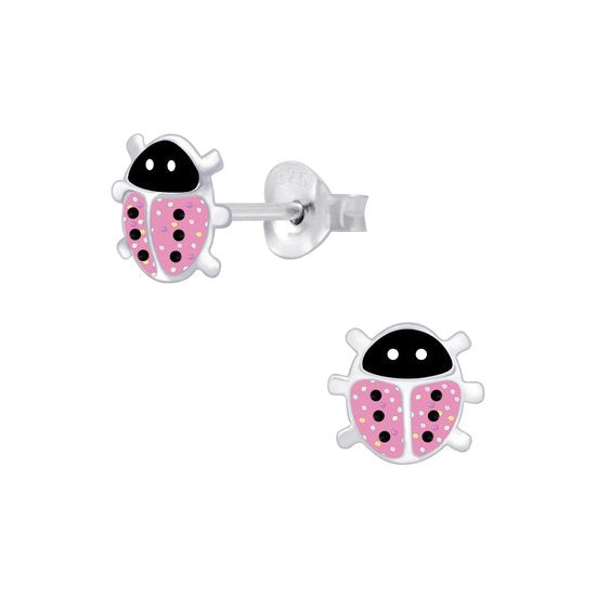 Joy|S - Zilveren lieveheersbeestje oorbellen glitter roze 7 x 6 mm