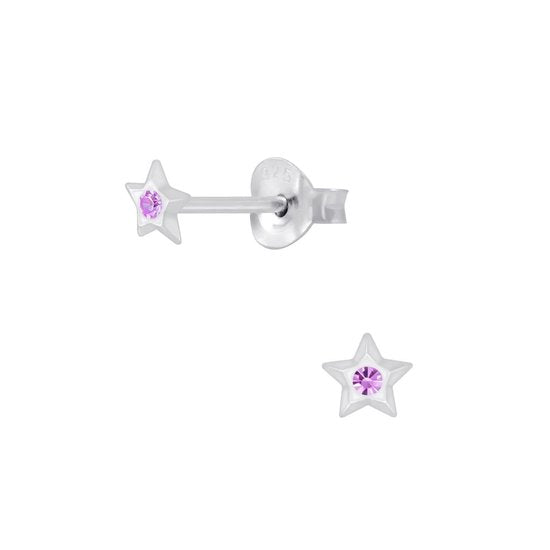 Joy|S - Zilveren mini ster oorbellen - 4 mm - paars kristal voor kinderen