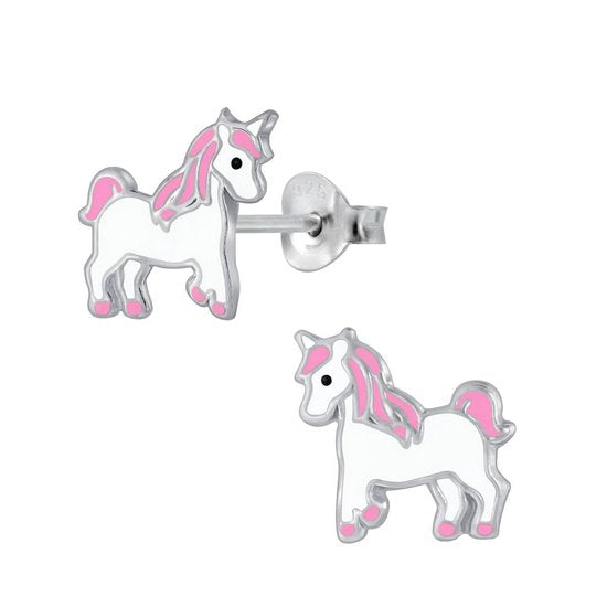 Joy|S - Zilveren unicorn paardje oorbellen eenhoorn roze