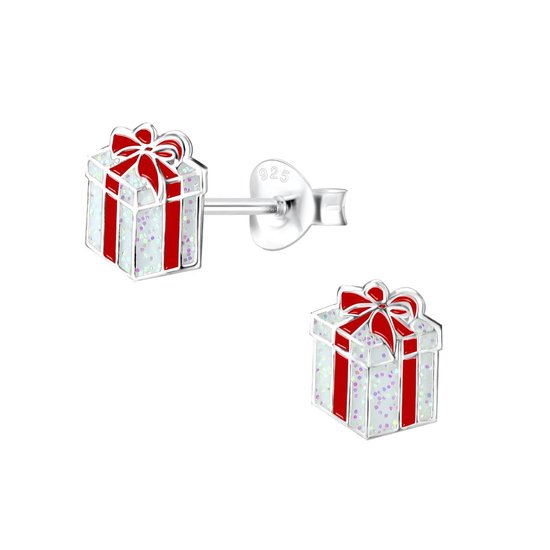Joy|S - Zilveren kerst cadeau oorbellen - kado - wit met glitter en rood strikje
