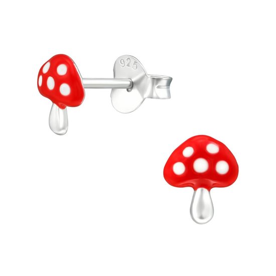 Joy|S - Zilveren paddenstoel oorbellen - 6 x 7 mm - rood met witte stippen