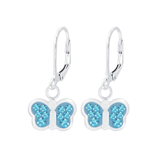Joy|S - Zilveren vlinder oorbellen blauw kristal leverback sluiting