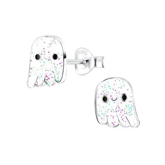 Joy|S - Zilveren spook oorbellen wit met glitter - halloween
