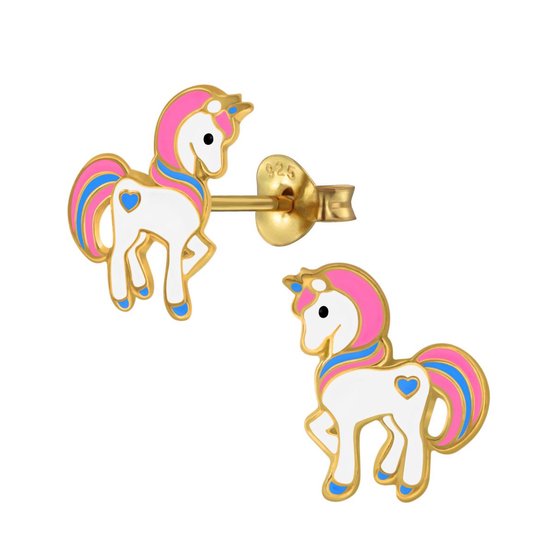 Joy|S - Zilveren pony oorbellen 10 x 13 mm unicorn eenhoorn - goudplating