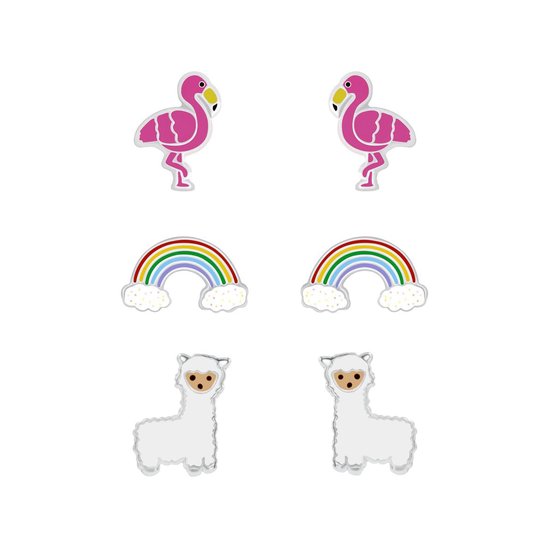 Joy|S - Zilveren oorbellen set 3 paar | Alpaca/ lama | Regenboog | Flamingo