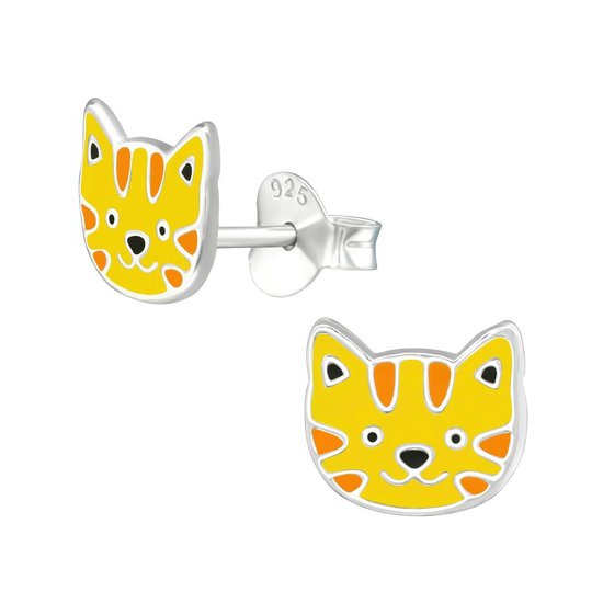 Joy|S - Zilveren tijger kat / poes oorbellen - 8 x 7 mm - geel oranje